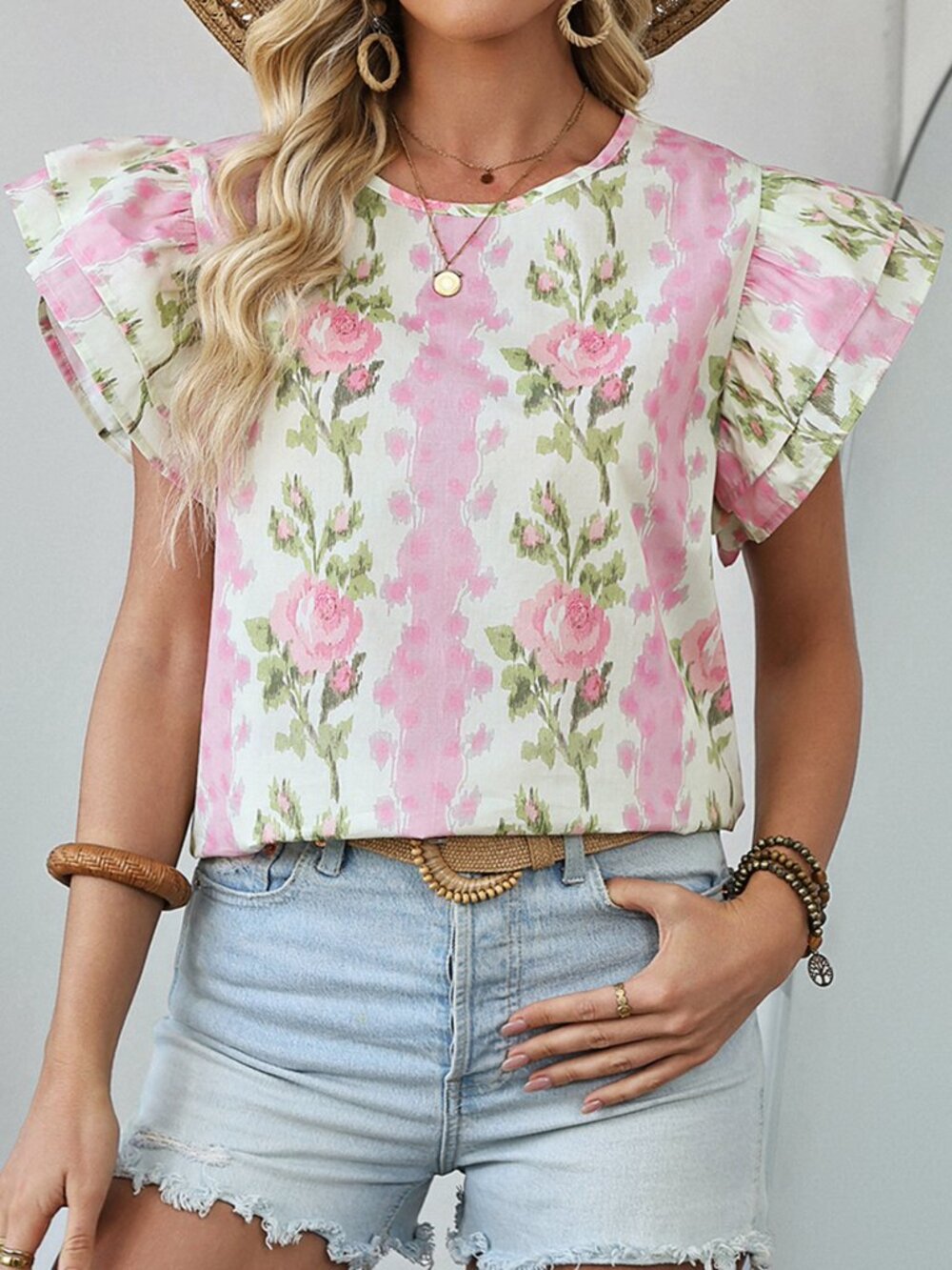 Blush Pink Floral Print Ruffled Sleeve Blouse